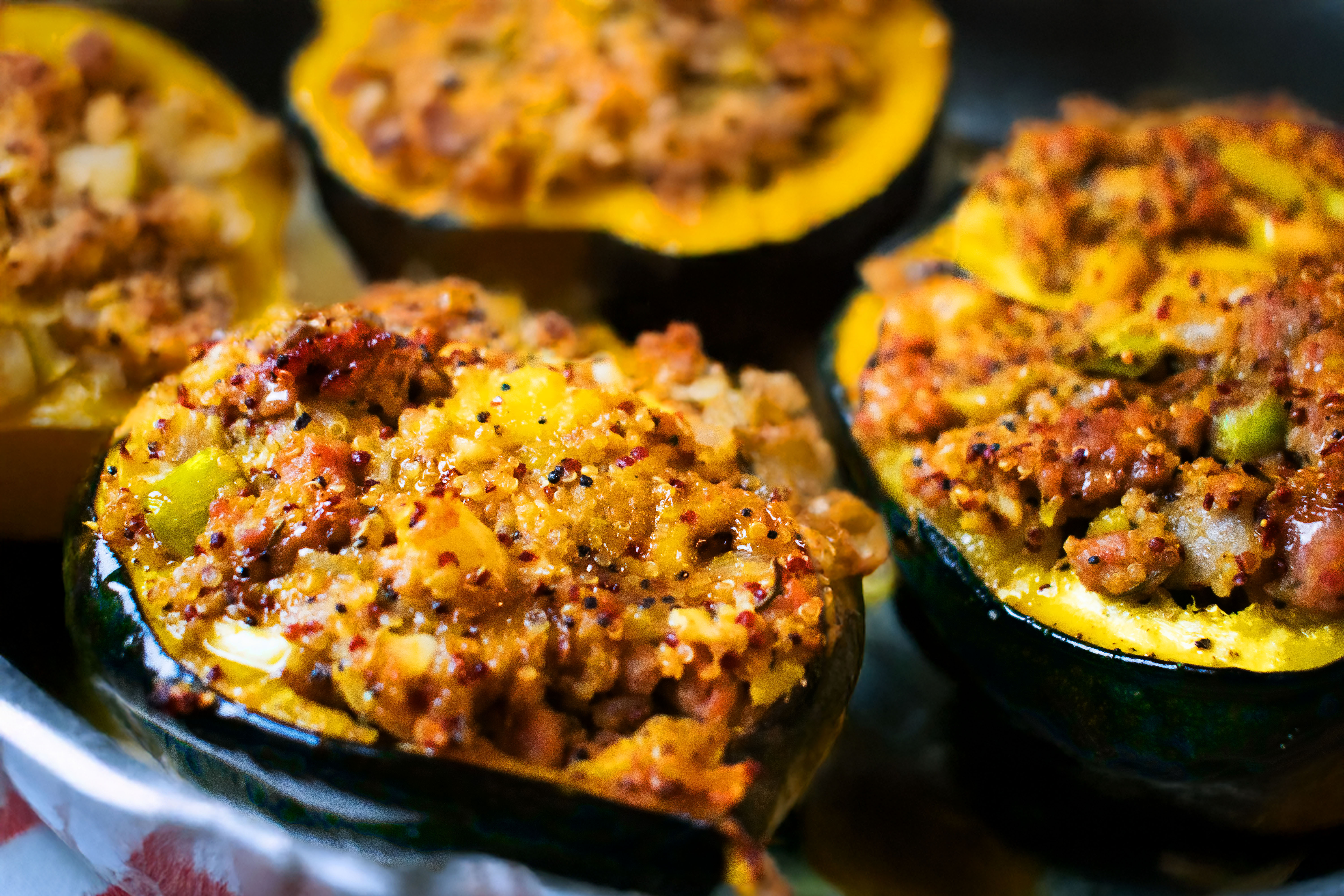 Gluten & Dairy-Free Sausage and Quinoa Stuffed Acorn Squash with Apples and Hot Honey